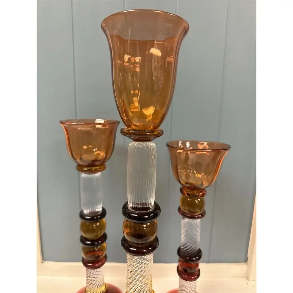 Set Of 3 Signed Czech Glass Z Fusion Art Glass Candlesticks Hand Blown‎ Helix